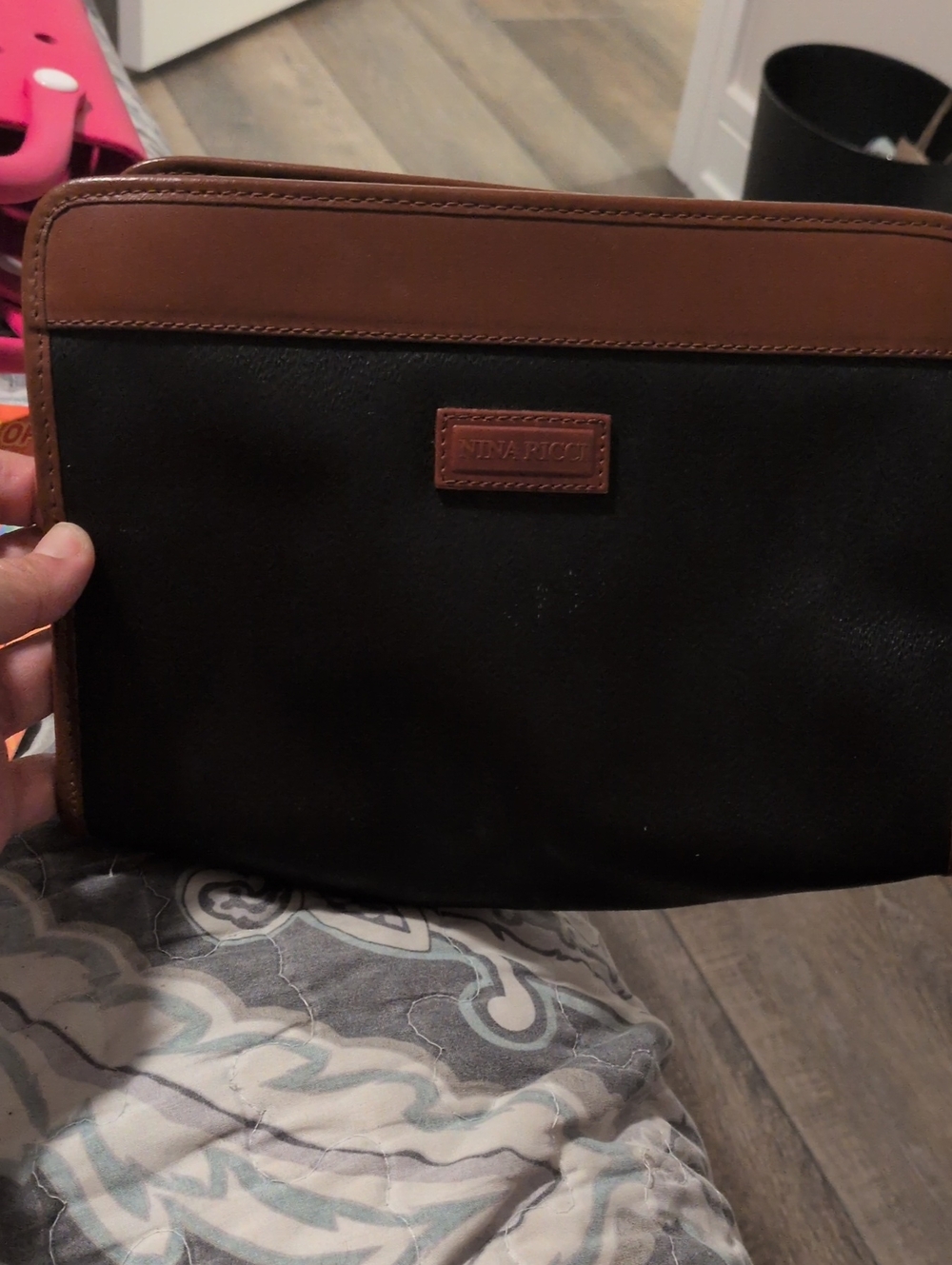 NINA RICCI Vintage Rare  Designer Pouch - Black Pebbled Leather w/ Brown
